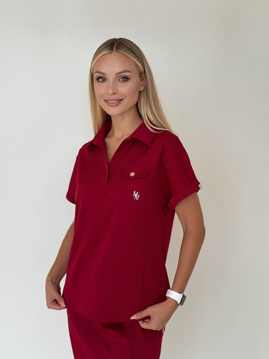Mary K Three Pocket Camp Collar Scrub Top